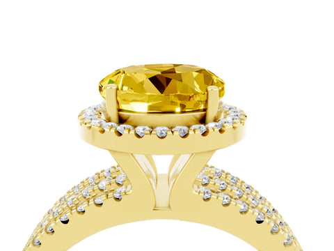 Yellow gold {shape_name} Yellow Sapphire Halo Engagement Ring with Split Shank and Four-Prong Setting_4