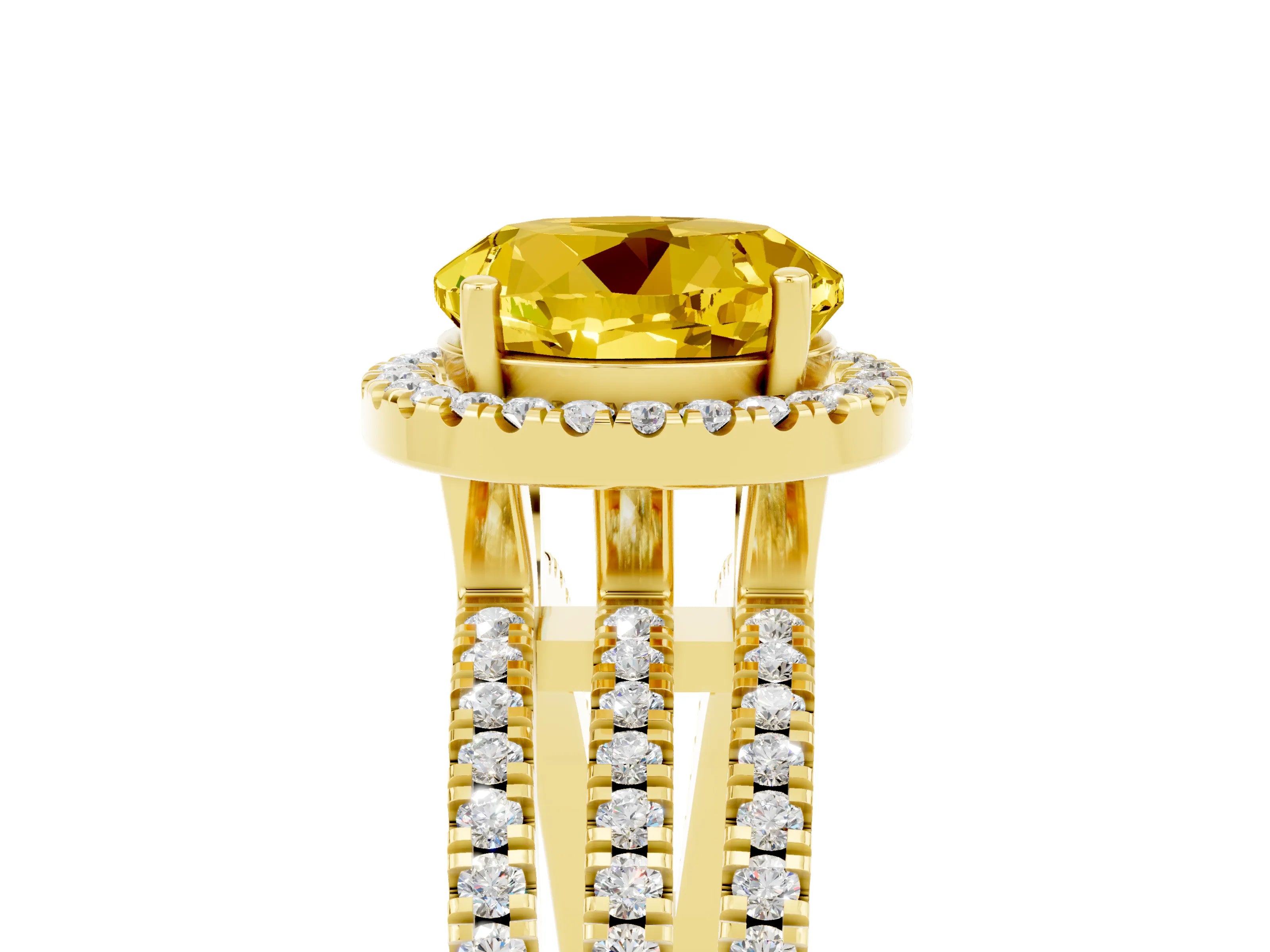 Yellow gold {shape_name} Yellow Sapphire Halo Engagement Ring with Split Shank and Four-Prong Setting_5