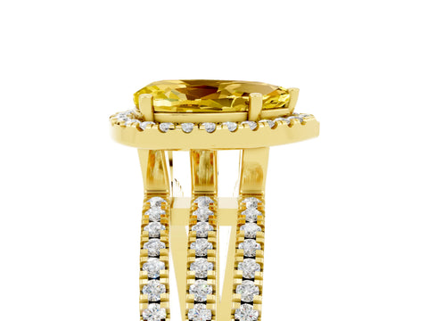 Yellow gold {shape_name} Yellow Sapphire Halo Engagement Ring with Split Shank and Four-Prong Setting_5