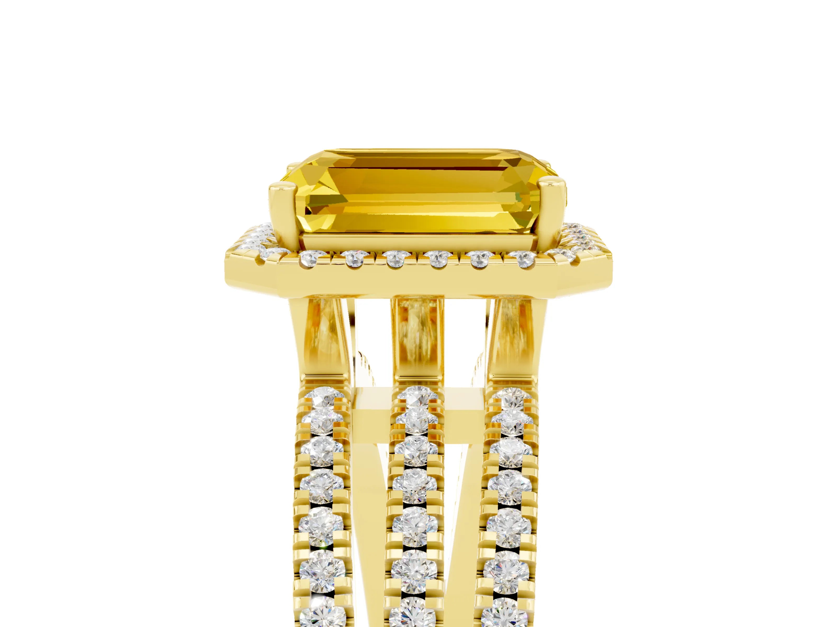 Yellow gold {shape_name} Yellow Sapphire Halo Engagement Ring with Split Shank and Four-Prong Setting_5