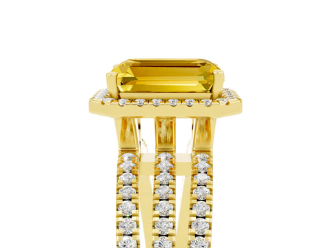 Yellow gold {shape_name} Yellow Sapphire Halo Engagement Ring with Split Shank and Four-Prong Setting_5