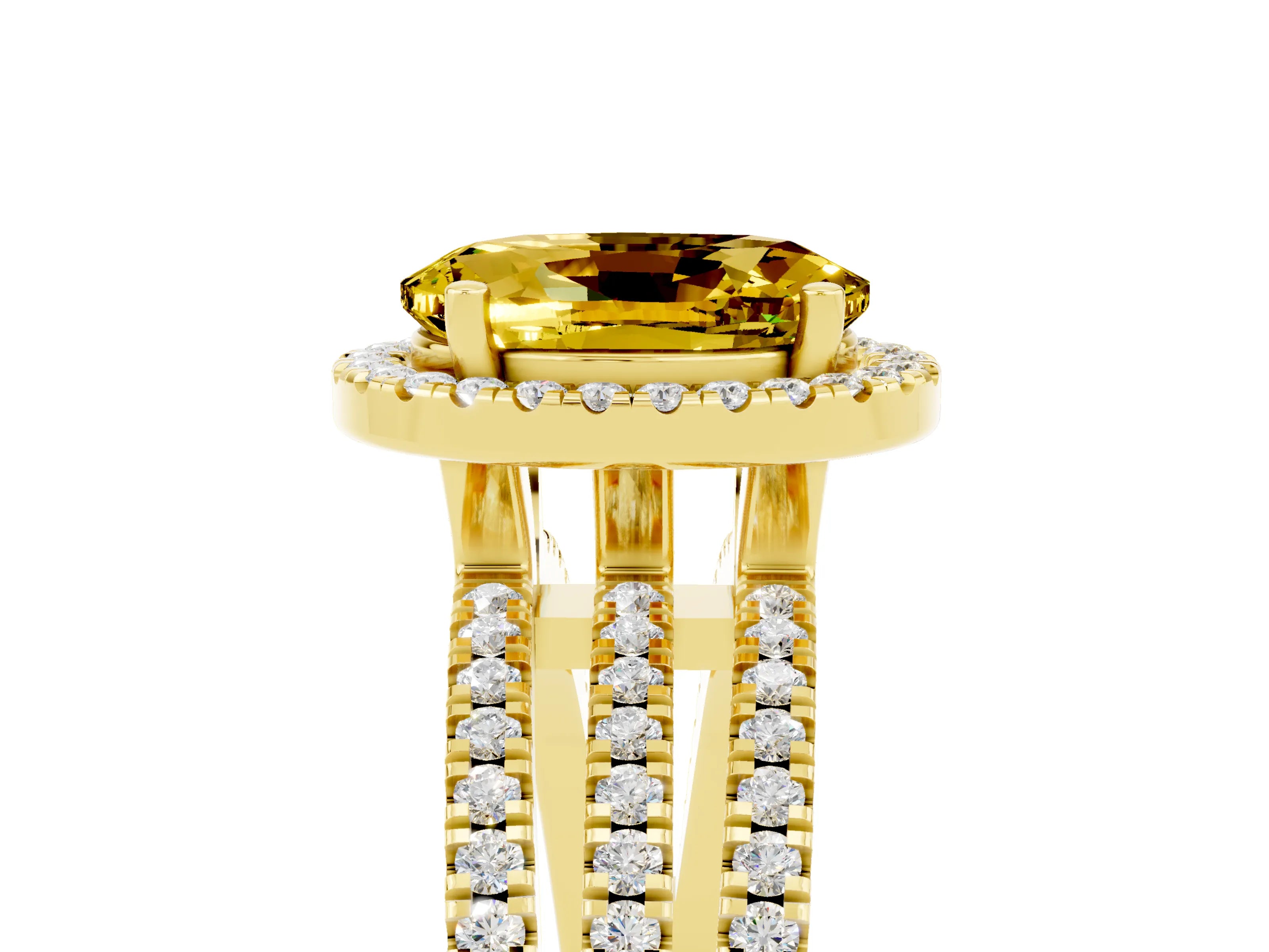 Yellow gold {shape_name} Yellow Sapphire Halo Engagement Ring with Split Shank and Four-Prong Setting_5