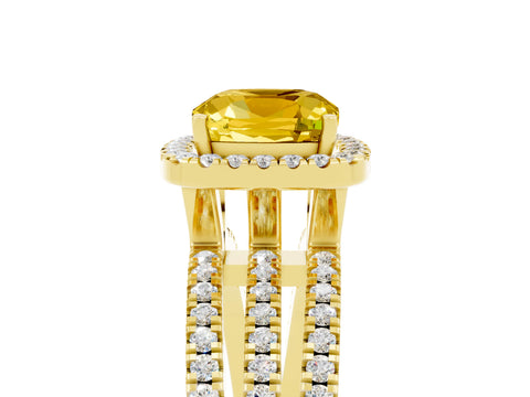 Yellow gold {shape_name} Yellow Sapphire Halo Engagement Ring with Split Shank and Four-Prong Setting_5