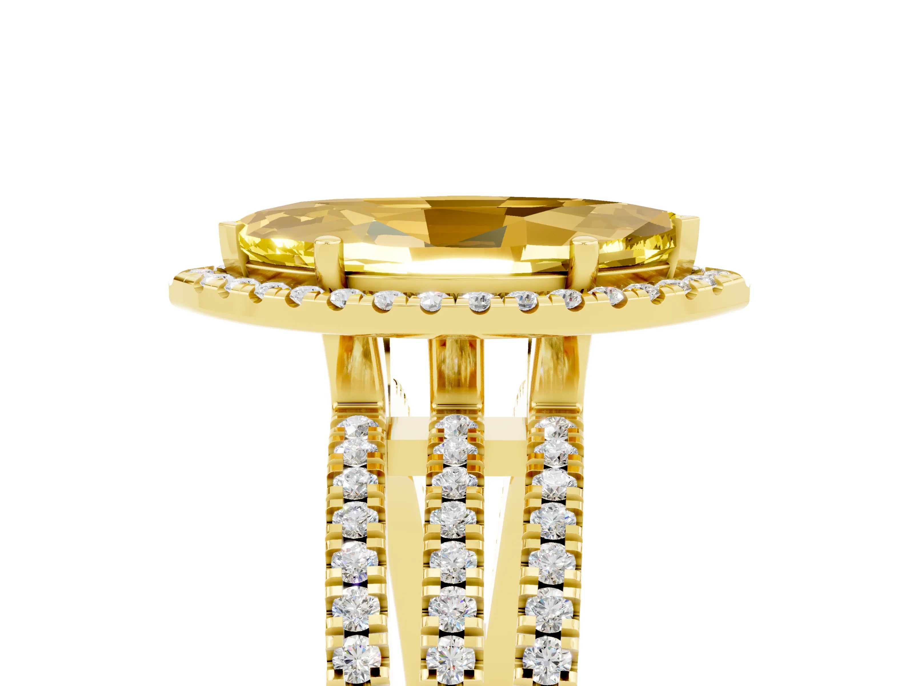 Yellow gold {shape_name} Yellow Sapphire Halo Engagement Ring with Split Shank and Four-Prong Setting_5