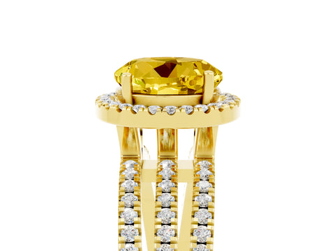 Yellow gold {shape_name} Yellow Sapphire Halo Engagement Ring with Split Shank and Four-Prong Setting_5