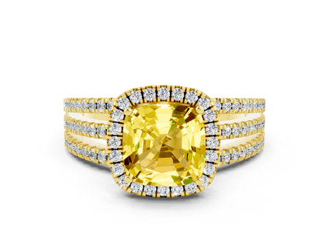 Yellow gold {shape_name} Yellow Sapphire Halo Engagement Ring with Split Shank and Four-Prong Setting