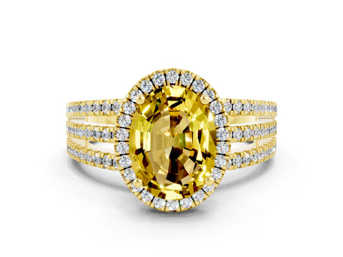Yellow gold {shape_name} Yellow Sapphire Halo Engagement Ring with Split Shank and Four-Prong Setting
