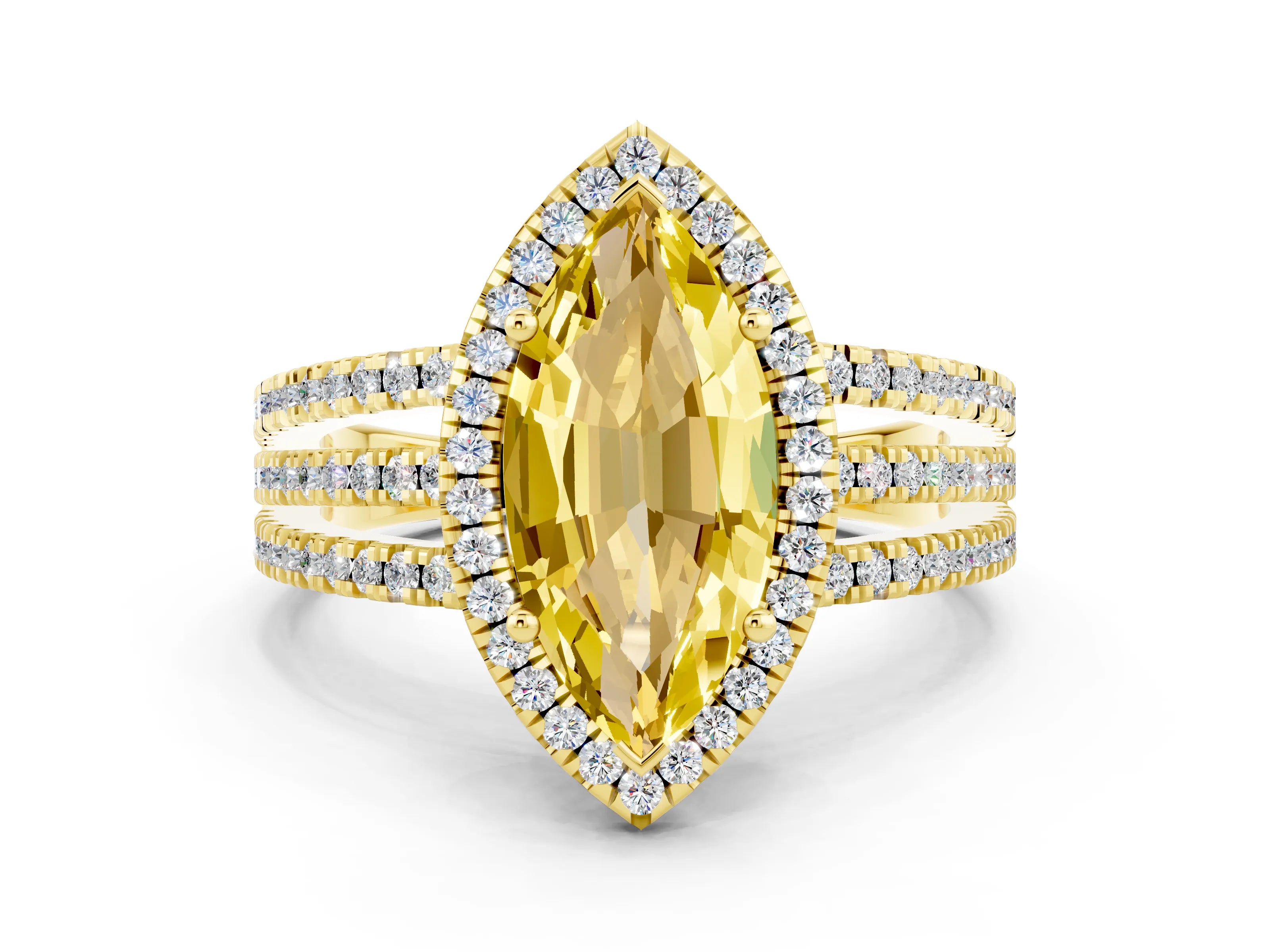 Yellow gold {shape_name} Yellow Sapphire Halo Engagement Ring with Split Shank and Four-Prong Setting