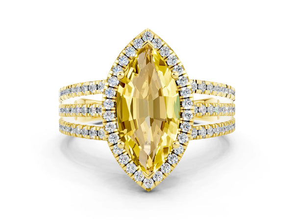 Yellow gold Marquise Cut Yellow Sapphire Halo Engagement Ring with Split Shank and Four-Prong Setting
