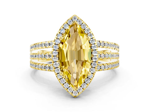 Yellow gold {shape_name} Yellow Sapphire Halo Engagement Ring with Split Shank and Four-Prong Setting