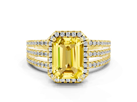 Yellow gold {shape_name} Yellow Sapphire Halo Engagement Ring with Split Shank and Four-Prong Setting