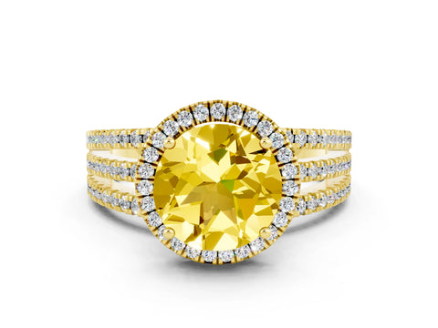 Yellow gold {shape_name} Yellow Sapphire Halo Engagement Ring with Split Shank and Four-Prong Setting