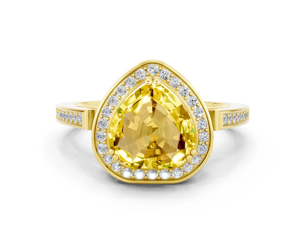 Yellow gold Heart Cut Yellow Sapphire Halo Ring with Split Shank and Four-Prong Setting