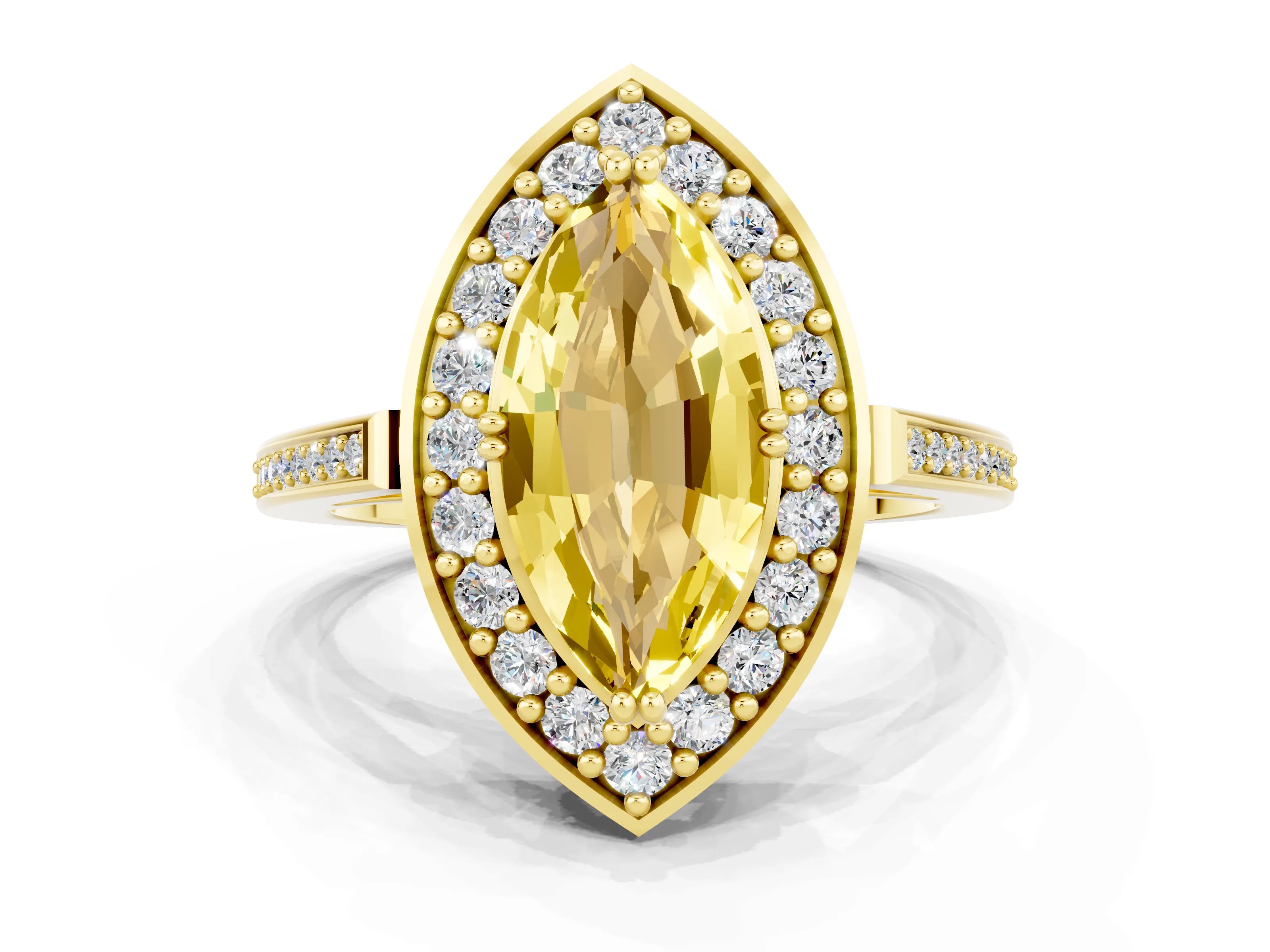 Yellow gold {shape_name} Yellow Sapphire Halo Ring with Split Shank and Four-Prong Setting