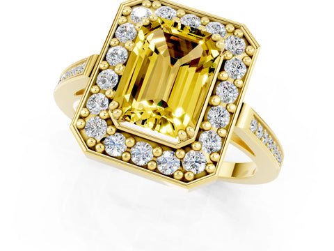 Yellow gold {shape_name} Yellow Sapphire Halo Ring with Split Shank and Four-Prong Setting_1