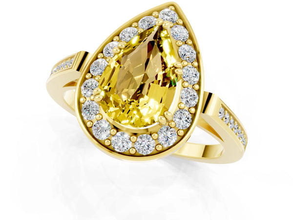Yellow gold Pear Cut Yellow Sapphire Halo Ring with Split Shank and Four-Prong Setting