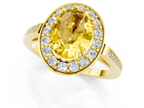 Yellow gold Oval Cut Yellow Sapphire Halo Ring with Split Shank and Four-Prong Setting