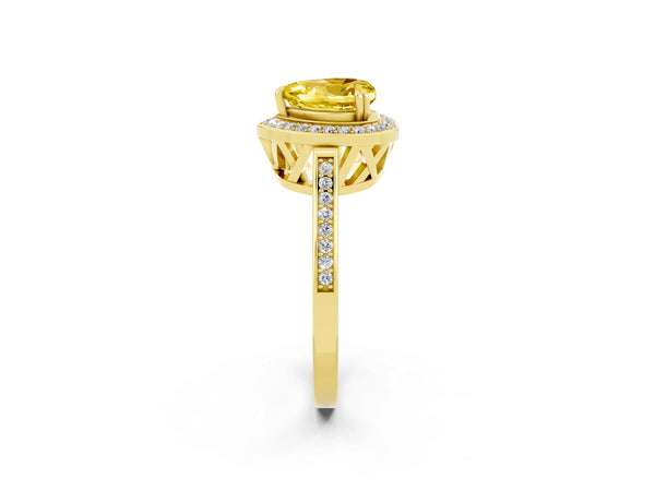 Yellow gold Heart Cut Yellow Sapphire Halo Ring with Split Shank and Four-Prong Setting