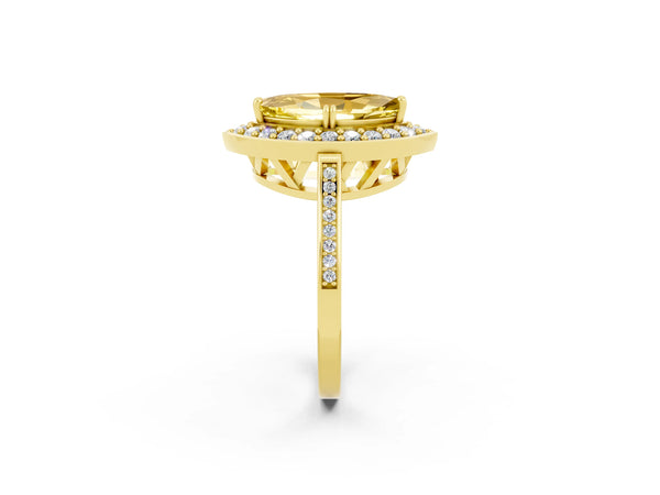 Yellow gold Marquise Cut Yellow Sapphire Halo Ring with Split Shank and Four-Prong Setting