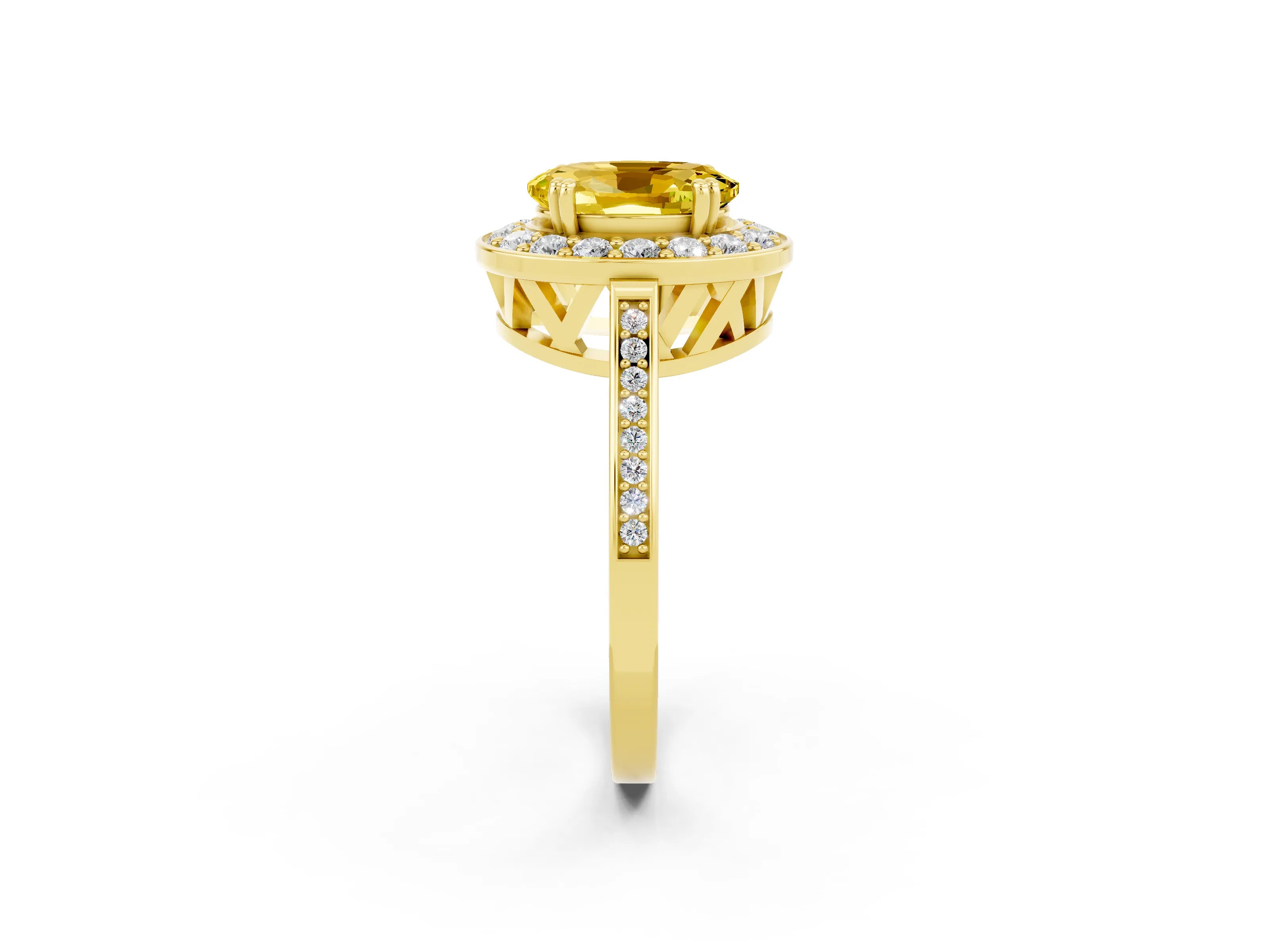 Yellow gold {shape_name} Yellow Sapphire Halo Ring with Split Shank and Four-Prong Setting_2
