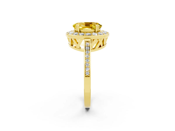 Yellow gold Oval Cut Yellow Sapphire Halo Ring with Split Shank and Four-Prong Setting