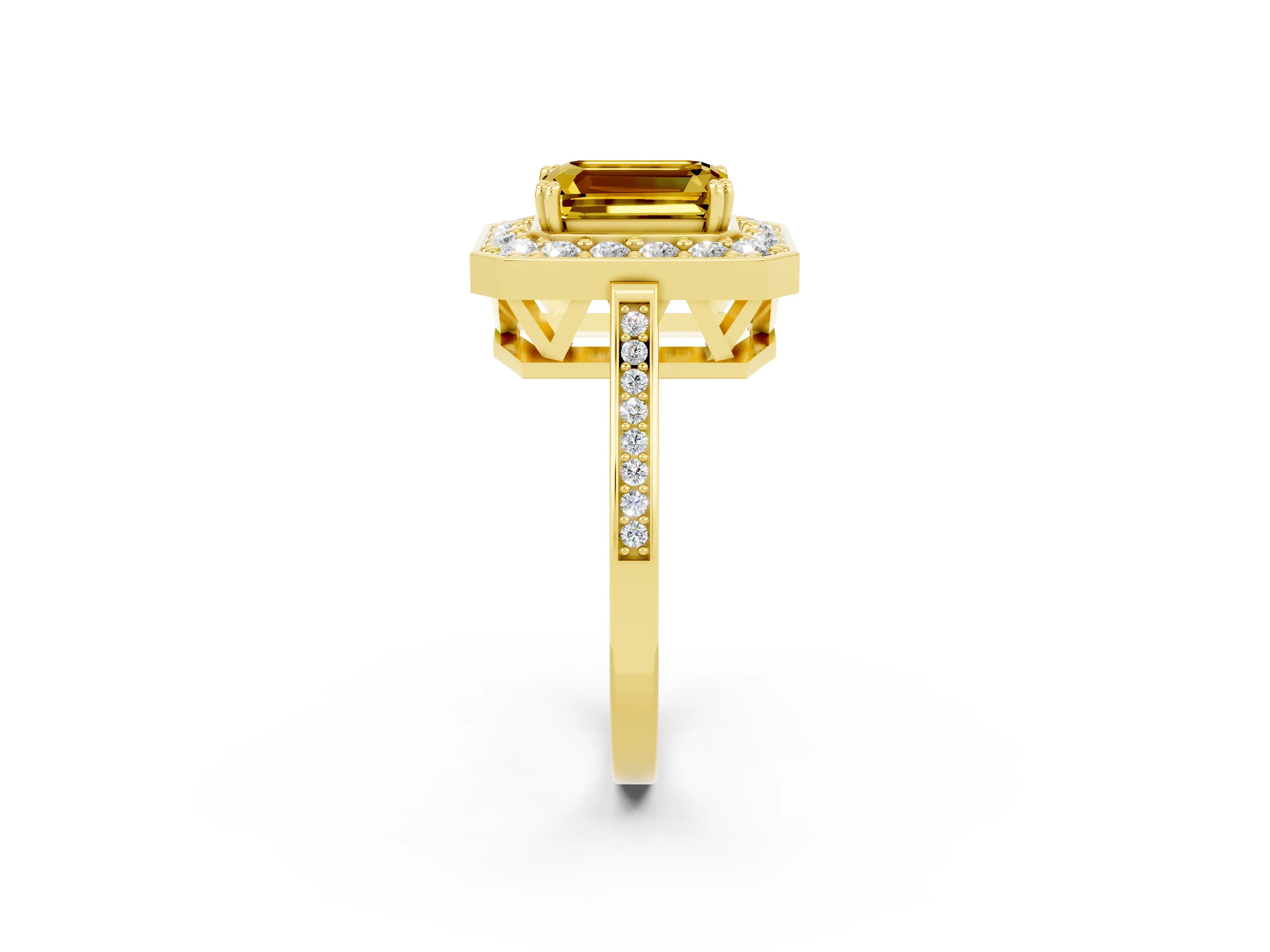 Yellow gold {shape_name} Yellow Sapphire Halo Ring with Split Shank and Four-Prong Setting_2