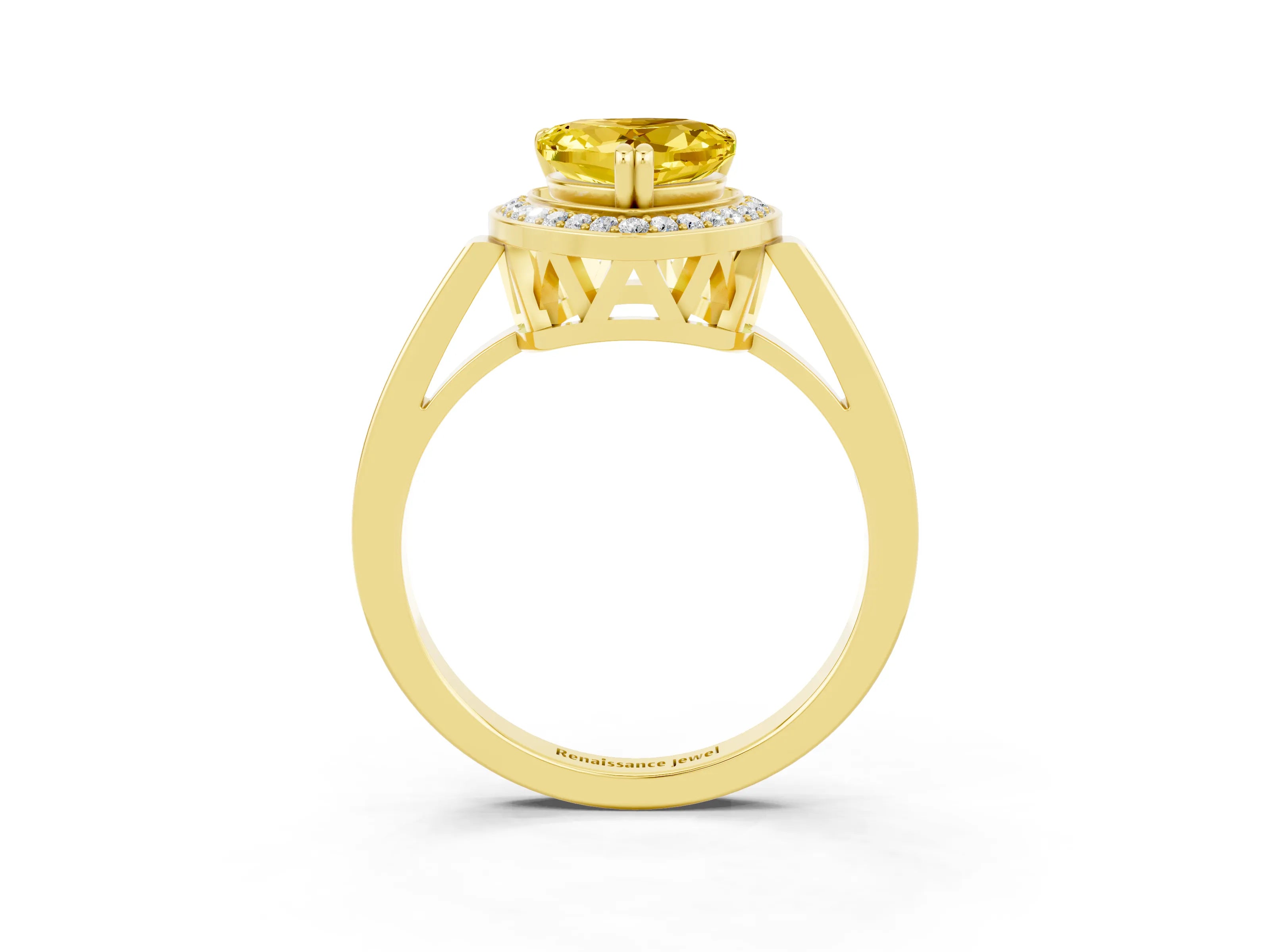 Yellow gold {shape_name} Yellow Sapphire Halo Ring with Split Shank and Four-Prong Setting_3