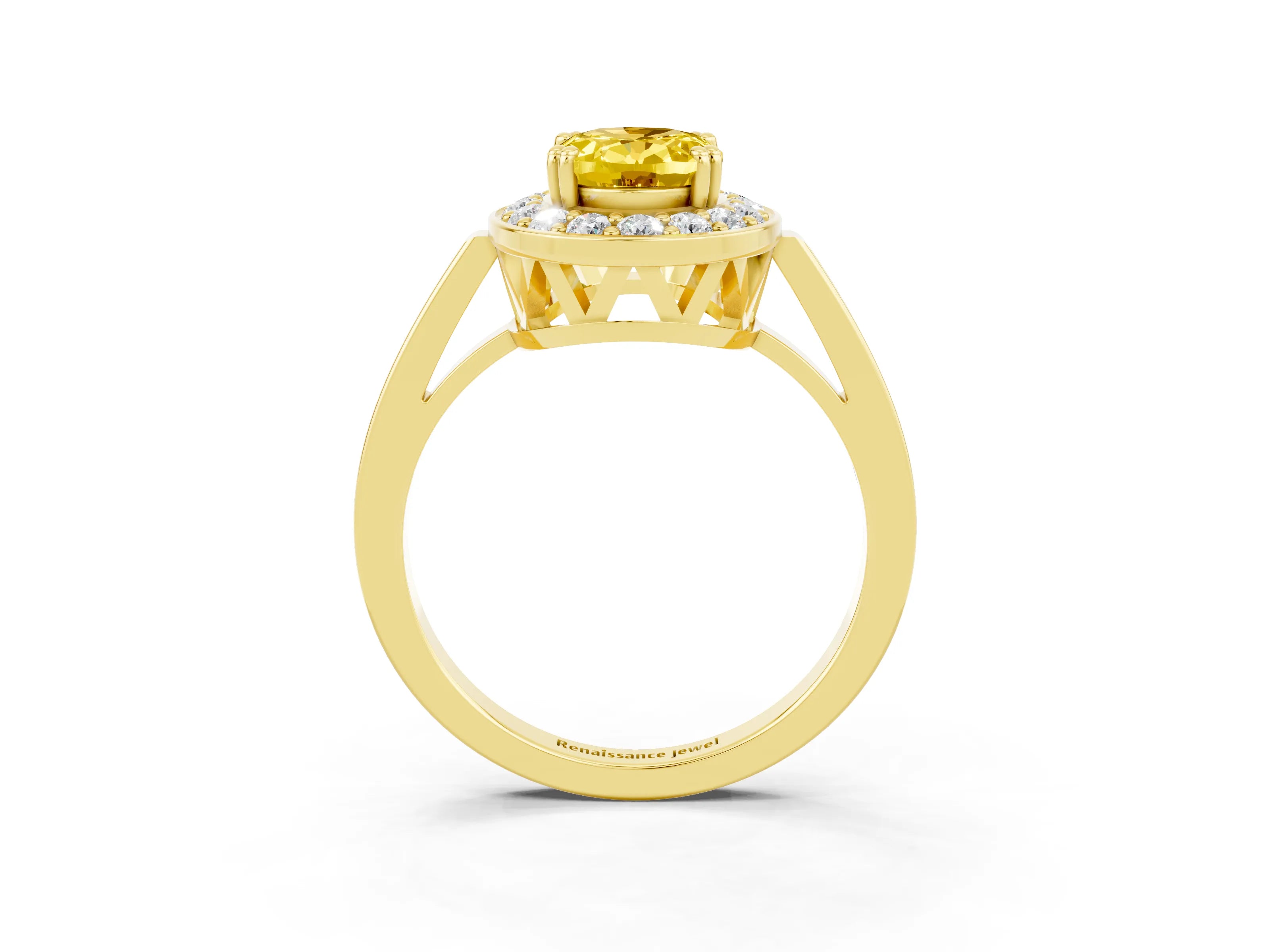Yellow gold {shape_name} Yellow Sapphire Halo Ring with Split Shank and Four-Prong Setting_3