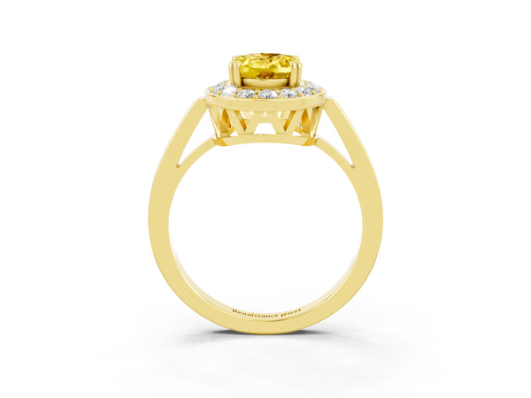 Yellow gold Oval Cut Yellow Sapphire Halo Ring with Split Shank and Four-Prong Setting