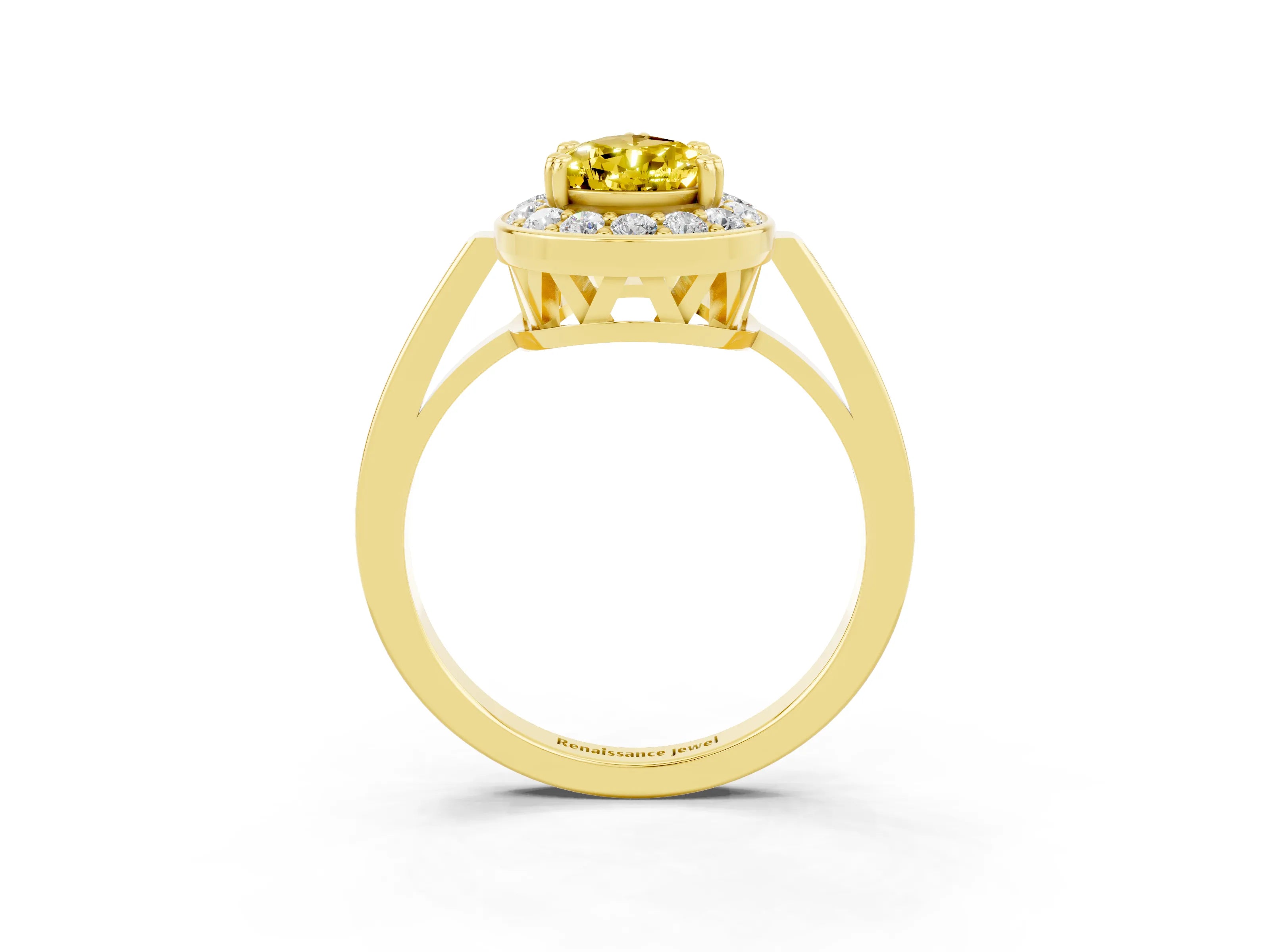 Yellow gold {shape_name} Yellow Sapphire Halo Ring with Split Shank and Four-Prong Setting_3