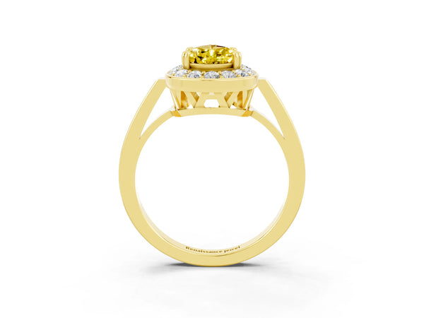 Yellow gold Pear Cut Yellow Sapphire Halo Ring with Split Shank and Four-Prong Setting