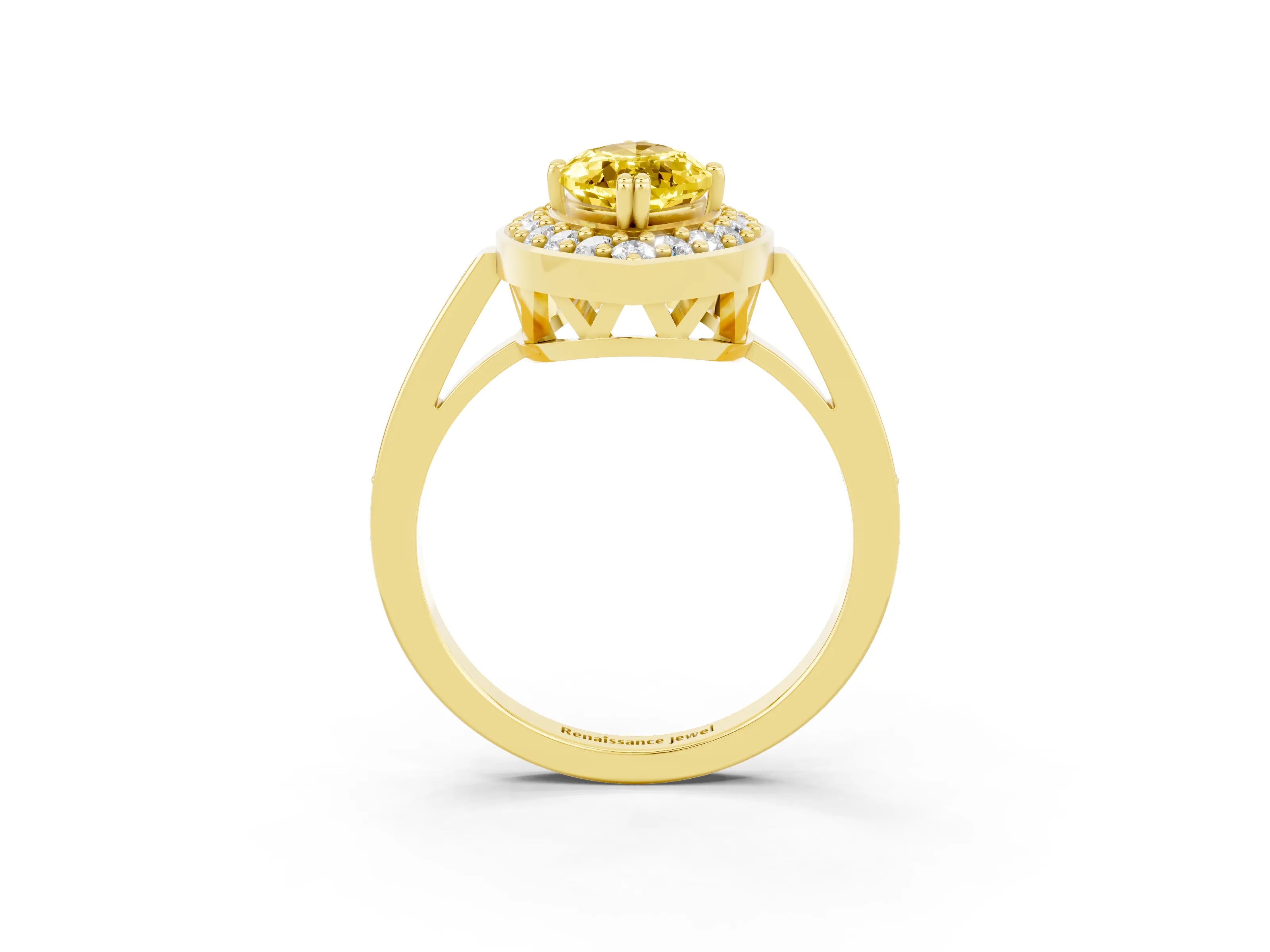 Yellow gold {shape_name} Yellow Sapphire Halo Ring with Split Shank and Four-Prong Setting_3