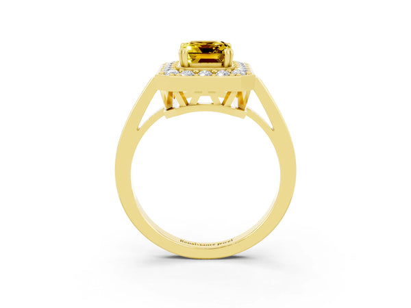 Yellow gold Emerald Cut Yellow Sapphire Halo Ring with Split Shank and Four-Prong Setting