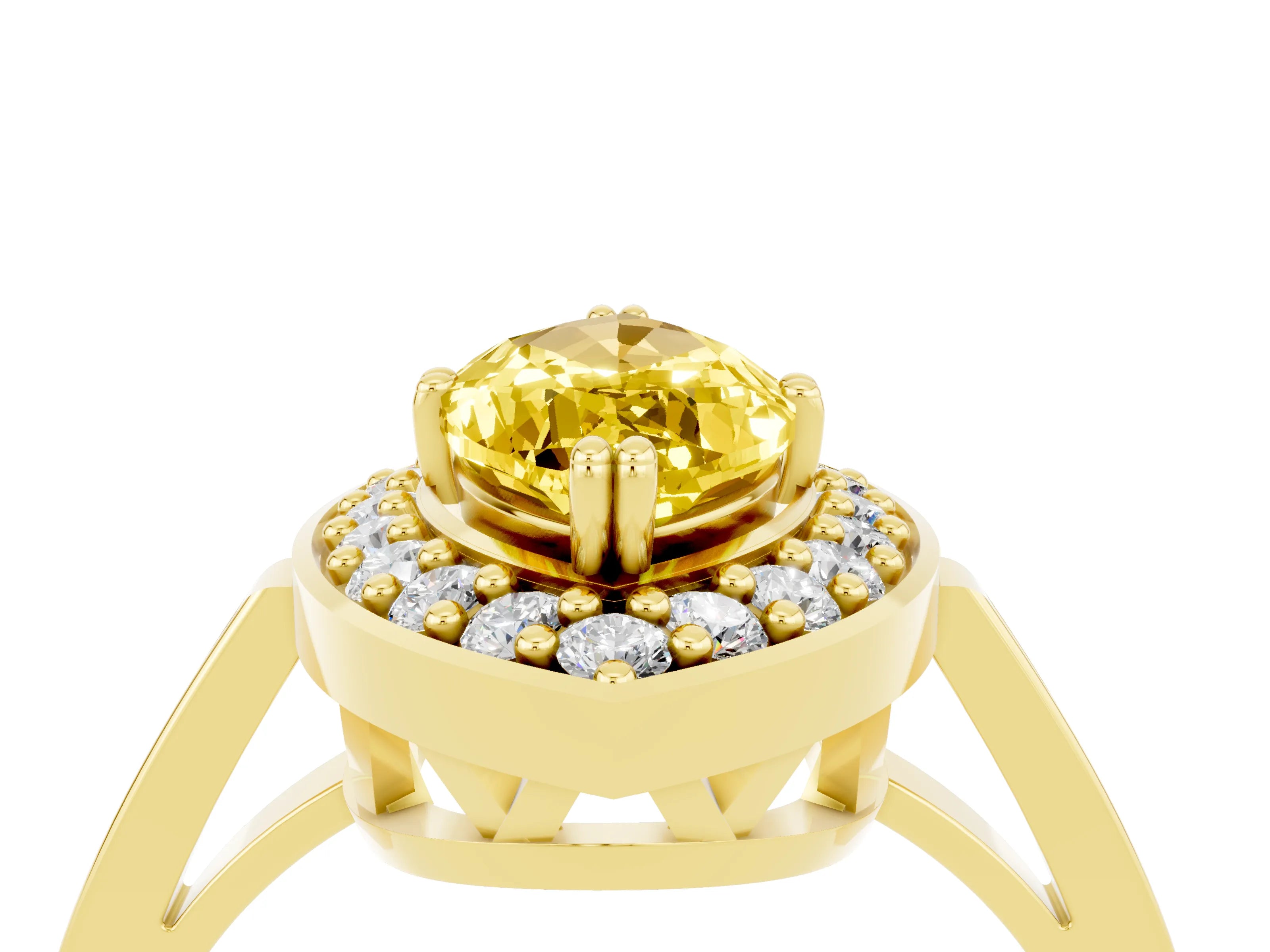 Yellow gold {shape_name} Yellow Sapphire Halo Ring with Split Shank and Four-Prong Setting_4