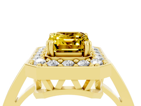 Yellow gold {shape_name} Yellow Sapphire Halo Ring with Split Shank and Four-Prong Setting_4