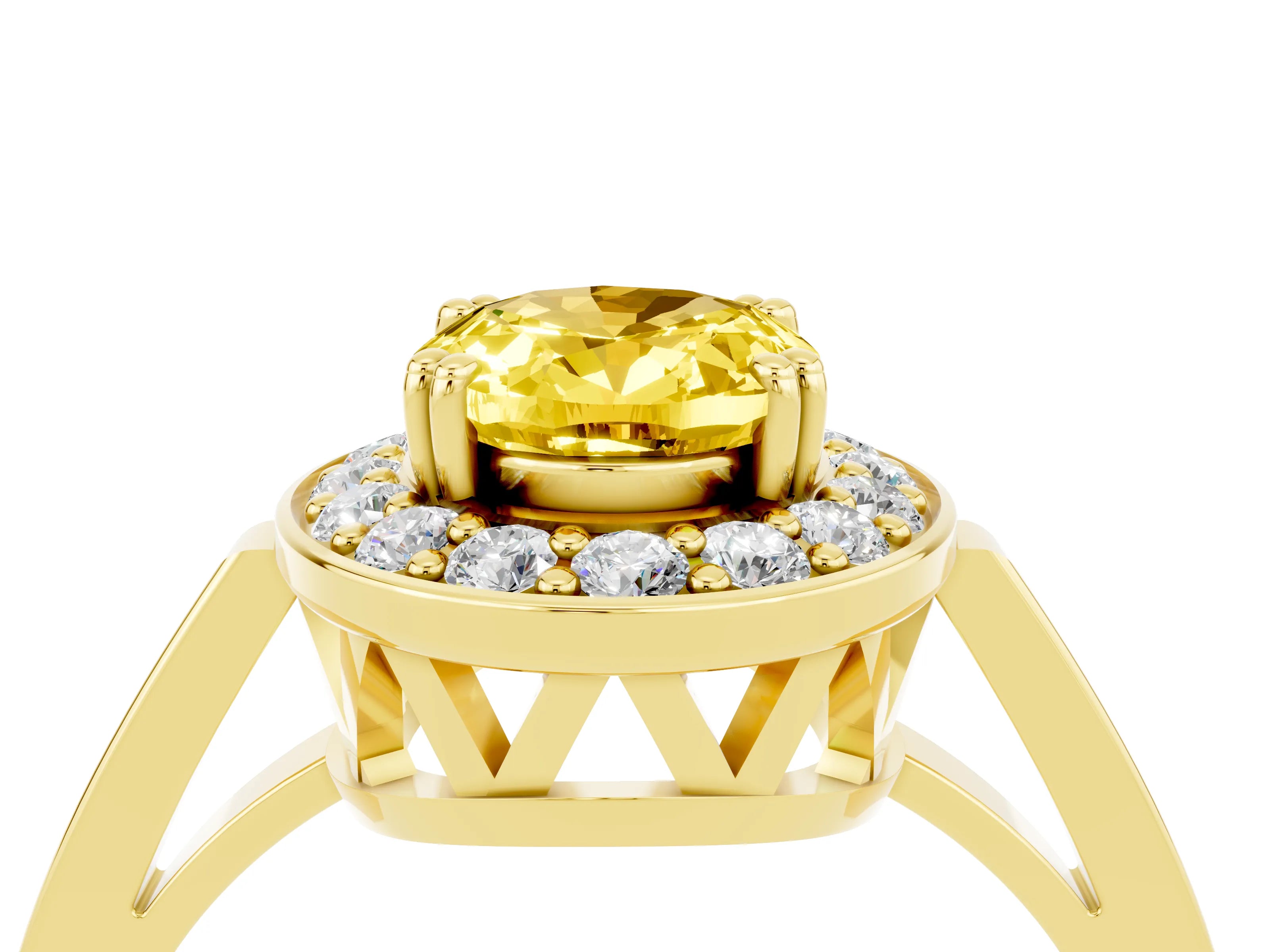 Yellow gold {shape_name} Yellow Sapphire Halo Ring with Split Shank and Four-Prong Setting_4