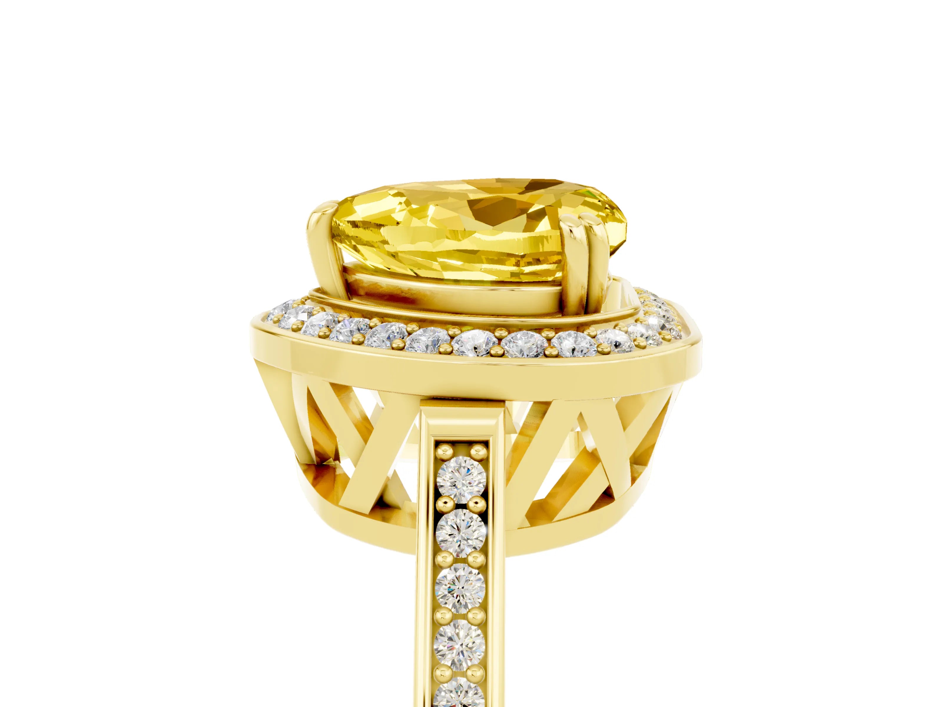 Yellow gold {shape_name} Yellow Sapphire Halo Ring with Split Shank and Four-Prong Setting_5