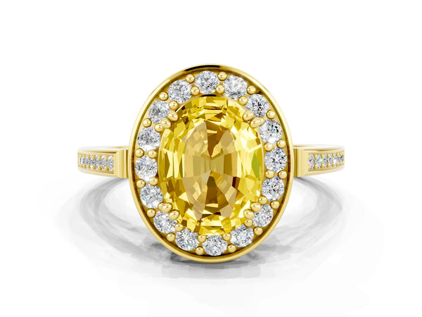 Yellow gold Oval Cut Yellow Sapphire Halo Ring with Split Shank and Four-Prong Setting