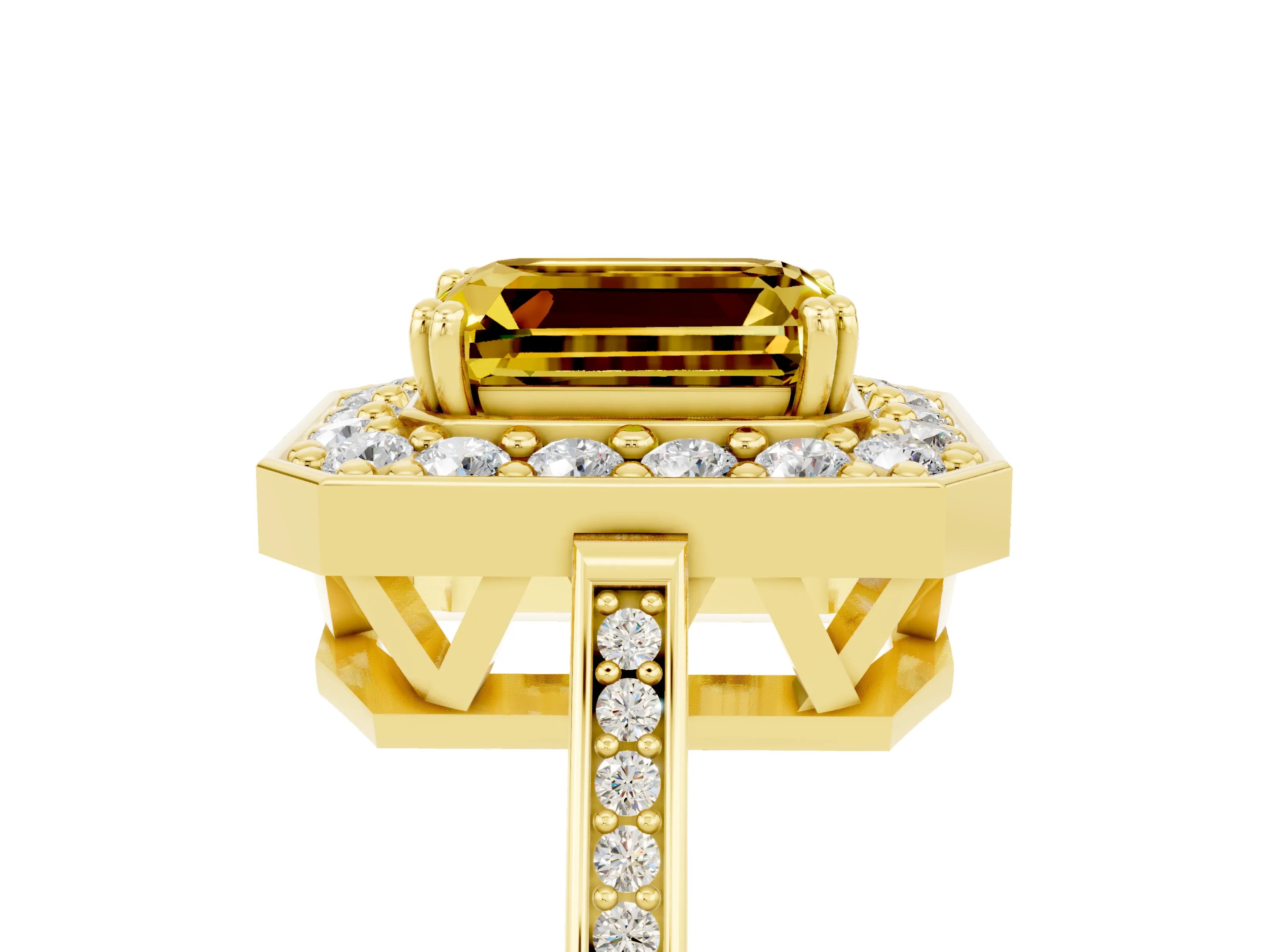 Yellow gold {shape_name} Yellow Sapphire Halo Ring with Split Shank and Four-Prong Setting_5