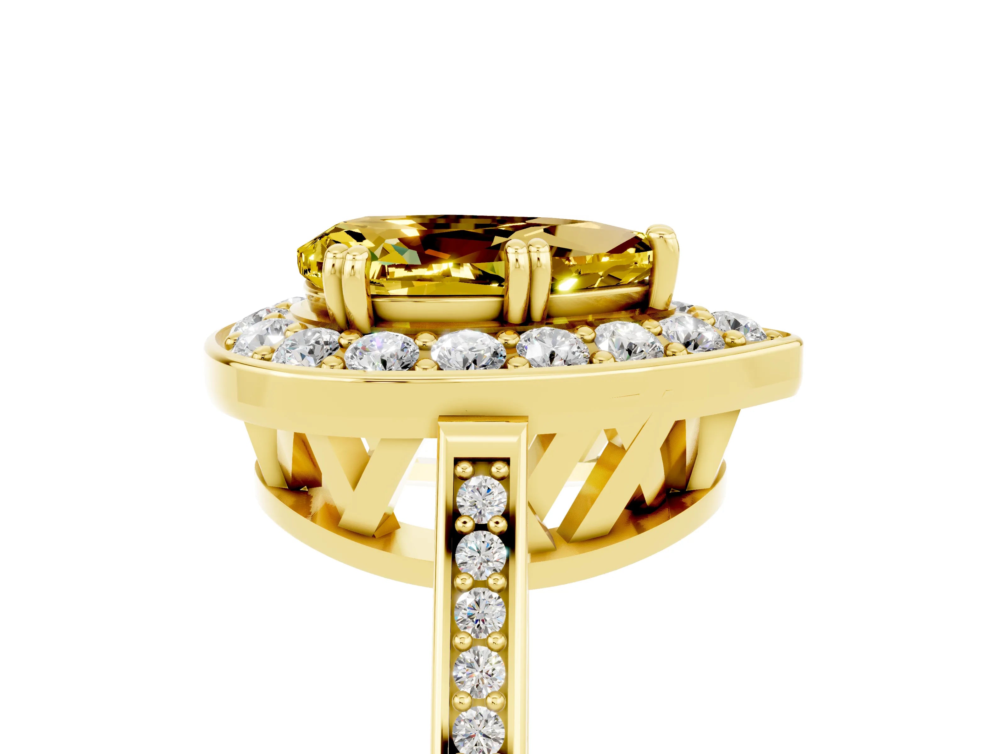 Yellow gold {shape_name} Yellow Sapphire Halo Ring with Split Shank and Four-Prong Setting_5