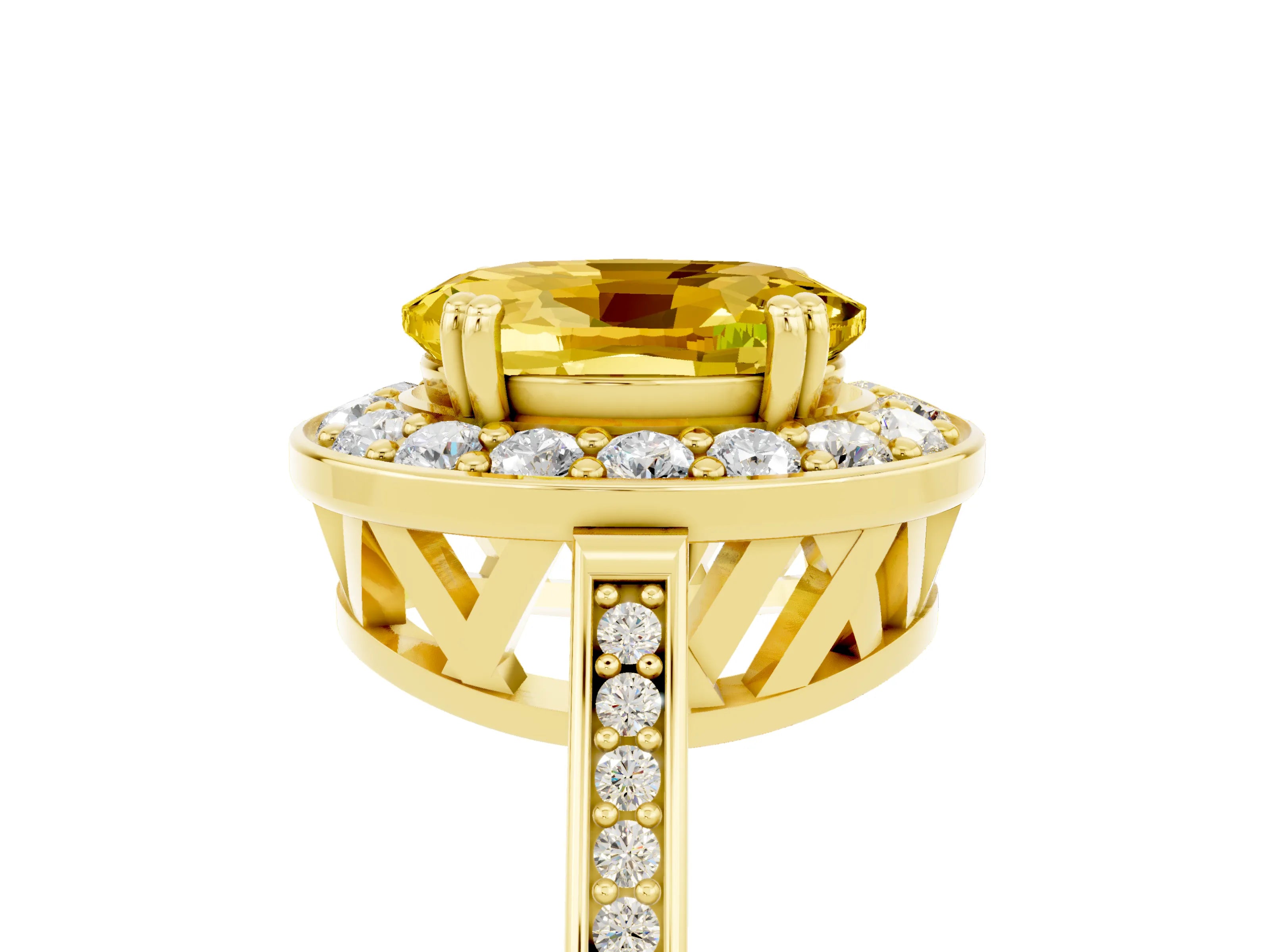 Yellow gold {shape_name} Yellow Sapphire Halo Ring with Split Shank and Four-Prong Setting_5