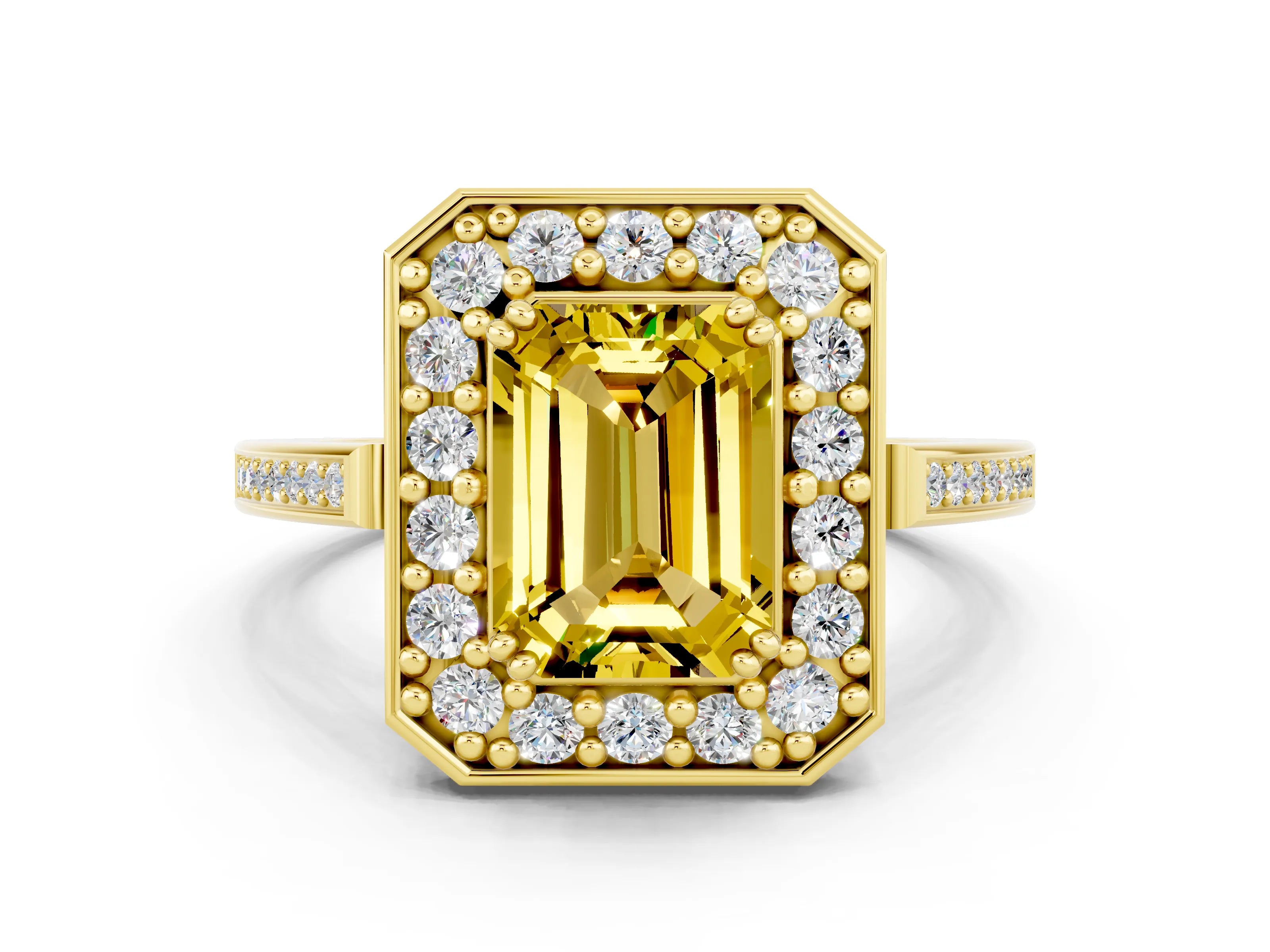 Yellow gold {shape_name} Yellow Sapphire Halo Ring with Split Shank and Four-Prong Setting