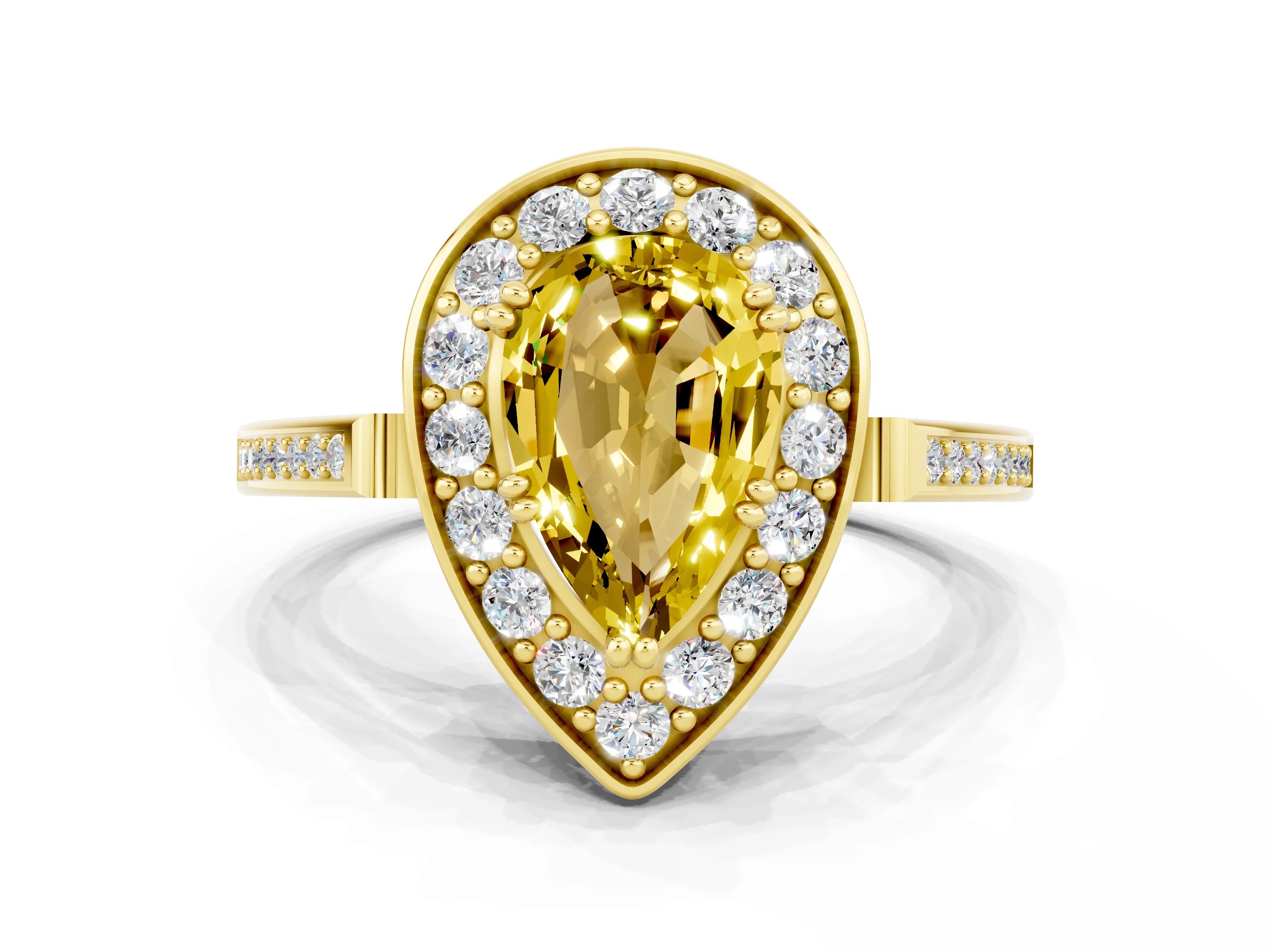 Yellow gold {shape_name} Yellow Sapphire Halo Ring with Split Shank and Four-Prong Setting