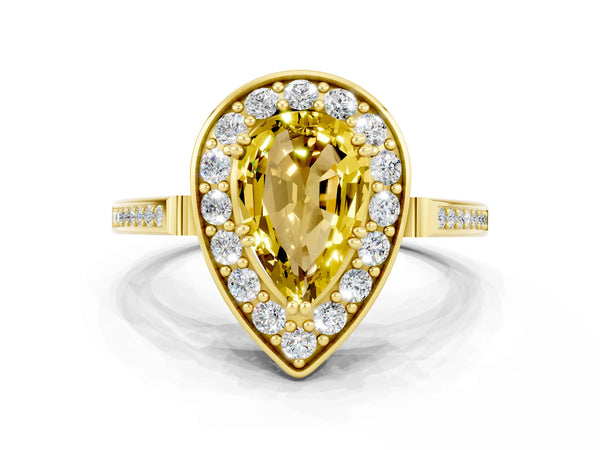 Yellow gold Pear Cut Yellow Sapphire Halo Ring with Split Shank and Four-Prong Setting