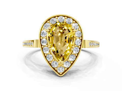Yellow gold {shape_name} Yellow Sapphire Halo Ring with Split Shank and Four-Prong Setting