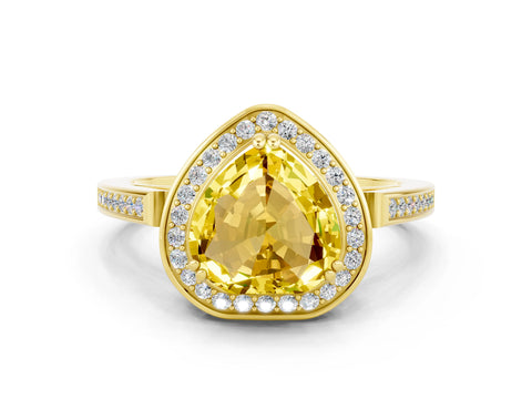 Yellow gold {shape_name} Yellow Sapphire Halo Ring with Split Shank and Four-Prong Setting