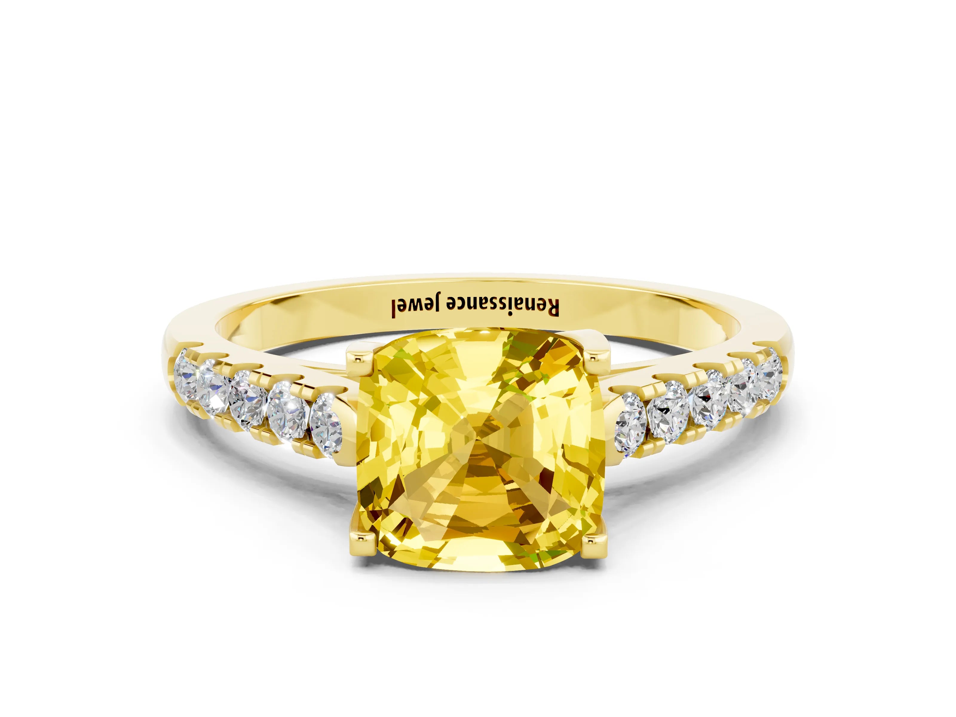 Yellow gold {shape_name} Yellow Sapphire Solitaire Ring with Pavé Band and Four-Prong Setting