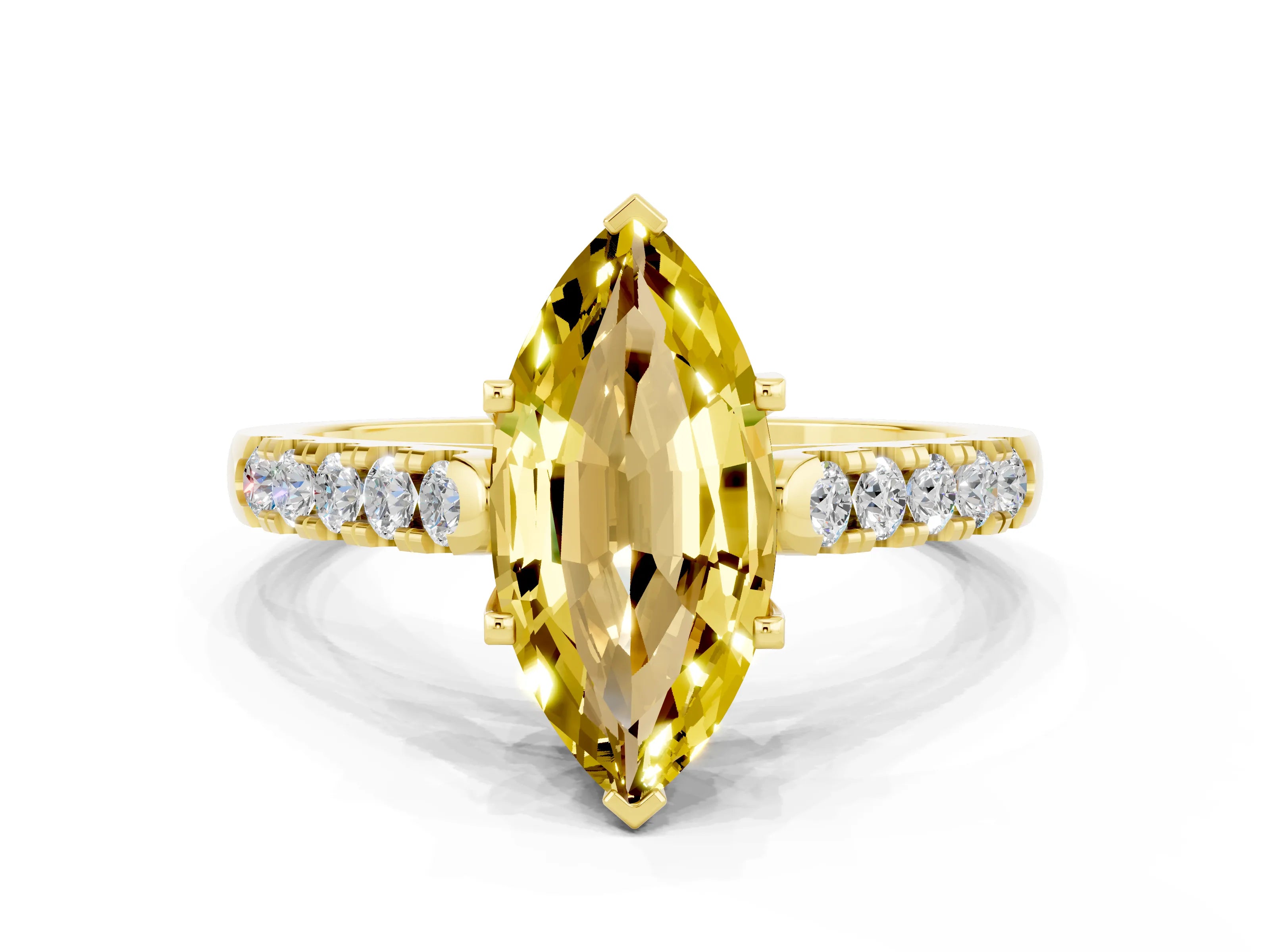 Yellow gold {shape_name} Yellow Sapphire Solitaire Ring with Pavé Band and Four-Prong Setting