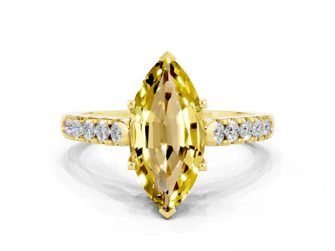 Yellow gold {shape_name} Yellow Sapphire Solitaire Ring with Pavé Band and Four-Prong Setting