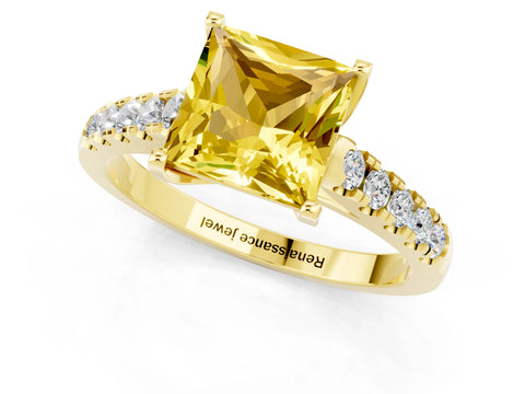 Yellow gold {shape_name} Yellow Sapphire Solitaire Ring with Pavé Band and Four-Prong Setting_1